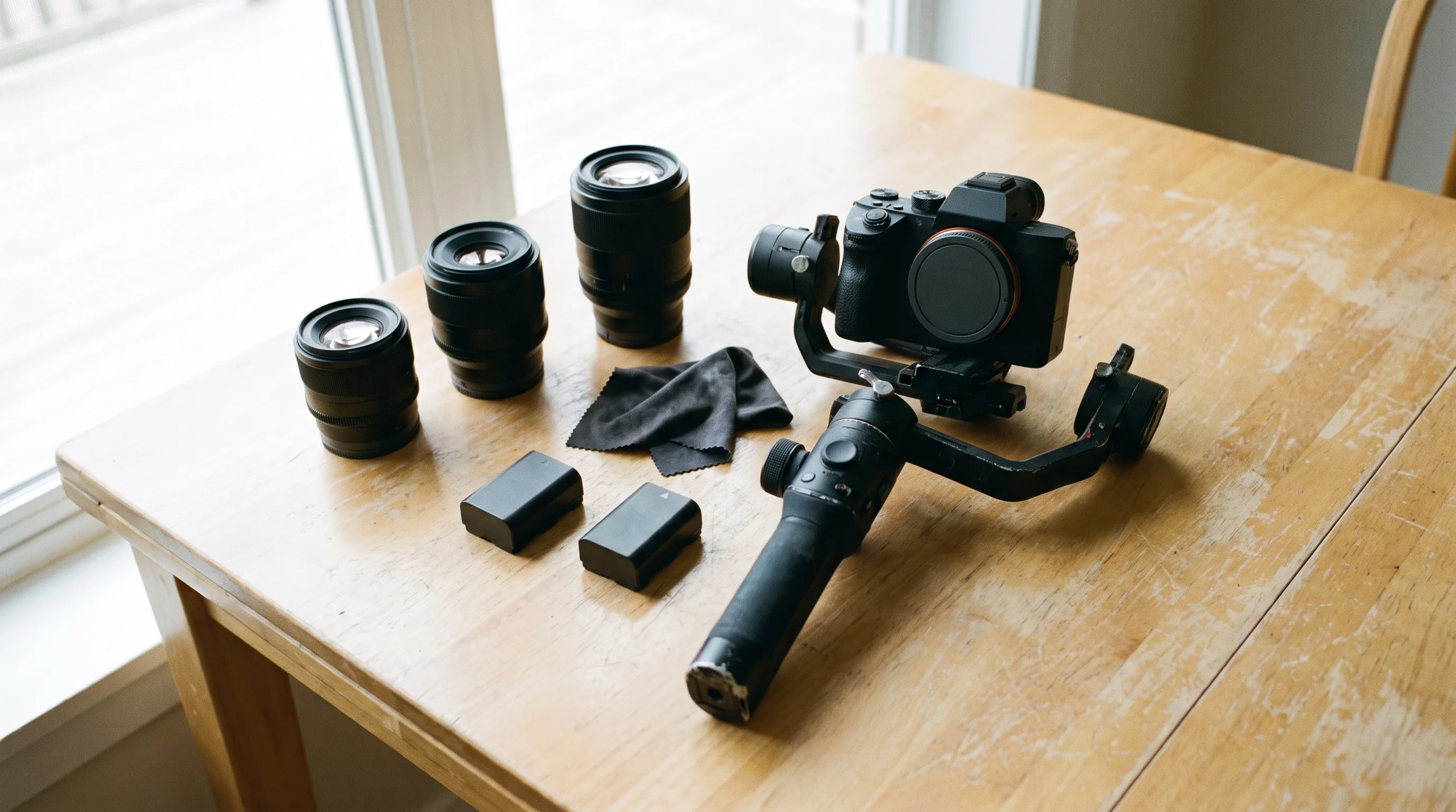 Kamera auf Gimbal mit Objektiven auf einem Tisch, Beispiel für Videografen-Equipment
