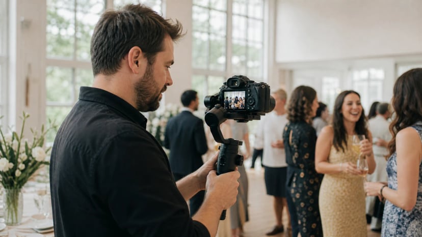 Videograf filmt eine helle Feier mit Kamera auf Gimbal, Beispiel für einen Videografen im Einsatz