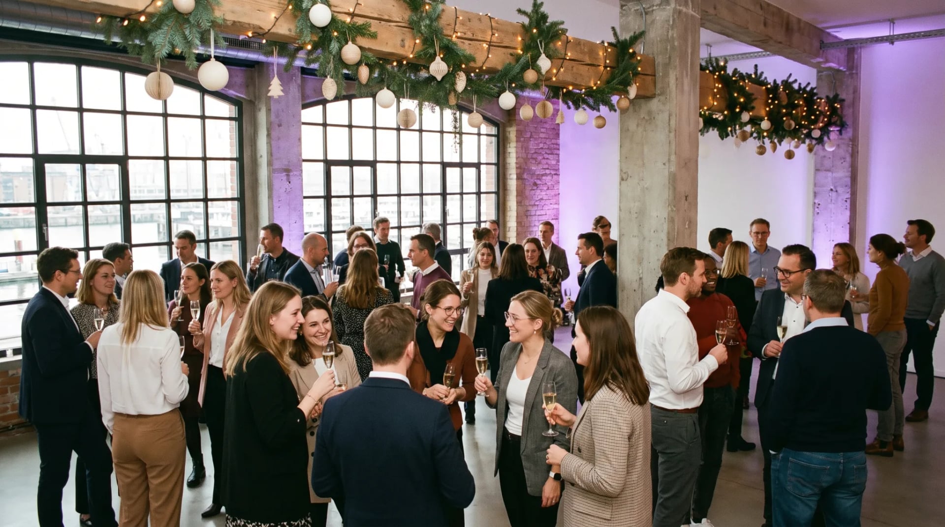 Team feiert Weihnachtsfeier in einer Eventlocation im Medienhafen Düsseldorf mit Blick auf die Skyline