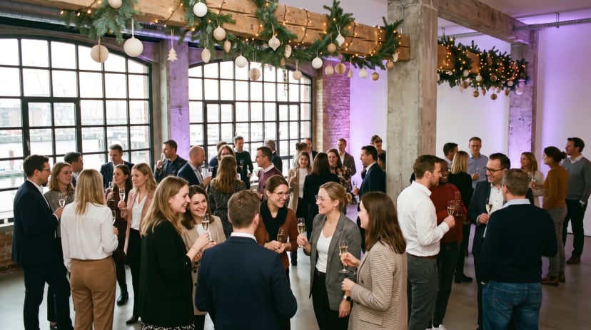 Team feiert Weihnachtsfeier in einer Eventlocation im Medienhafen Düsseldorf mit Blick auf die Skyline