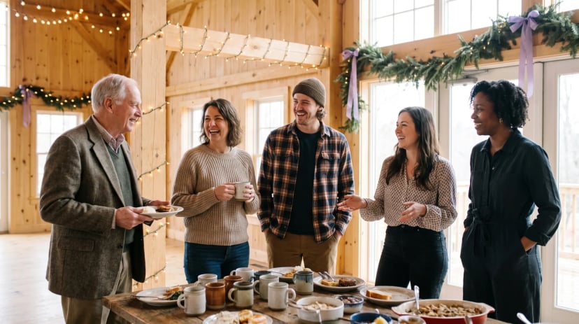 Team feiert Weihnachtsfeier in einer festlich dekorierten Eventlocation in Siegburg mit Blick auf den Michaelsberg