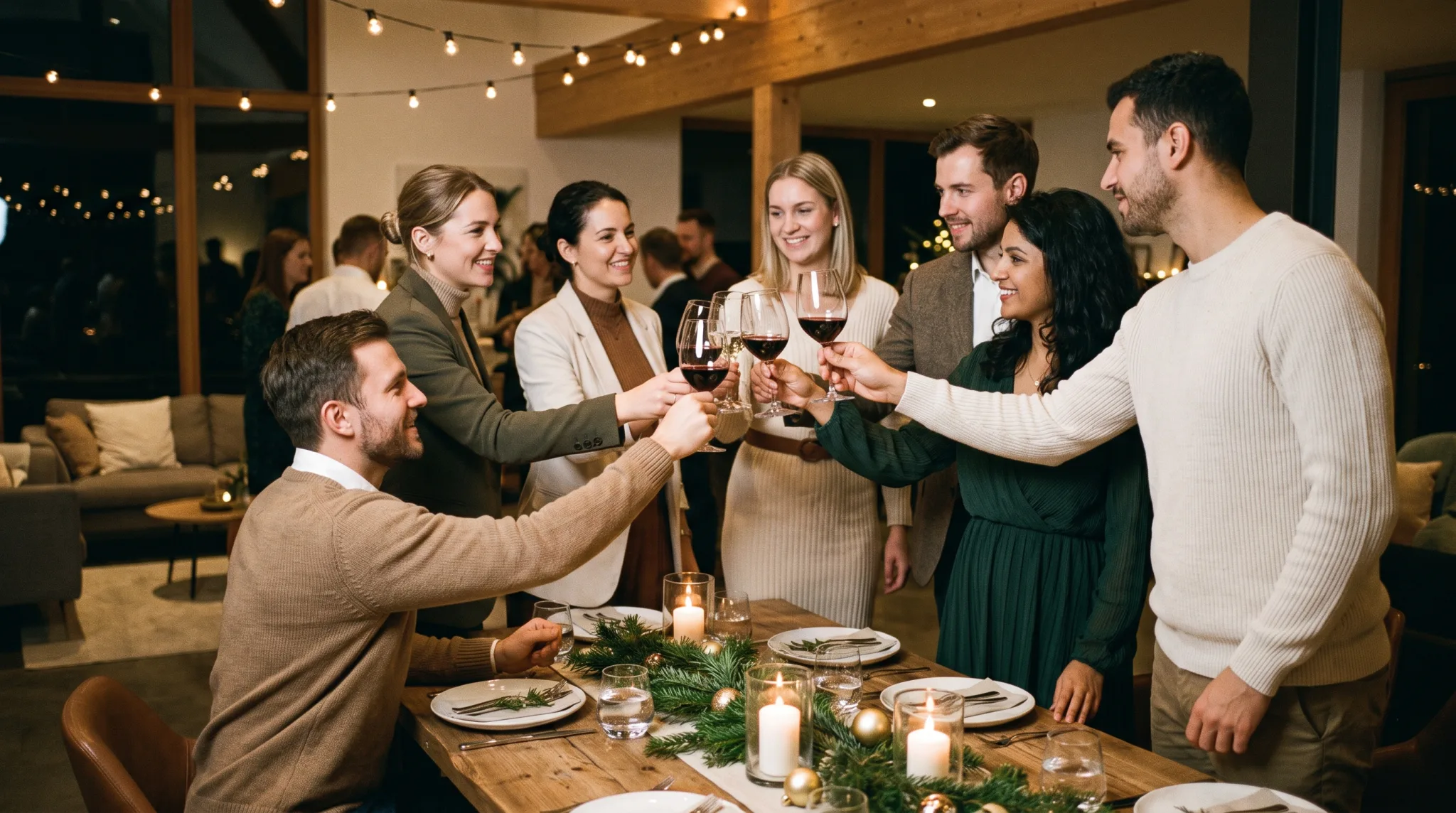 Festlich gedeckter Tisch mit Weihnachtsdeko in einer Eventlocation