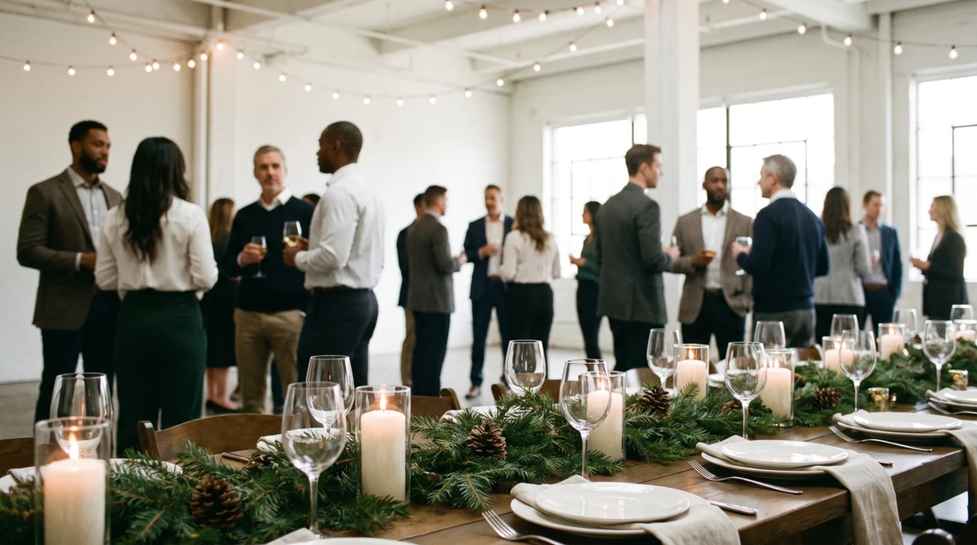 Team feiert Weihnachtsfeier mit Glühwein in weihnachtlich dekorierter Location