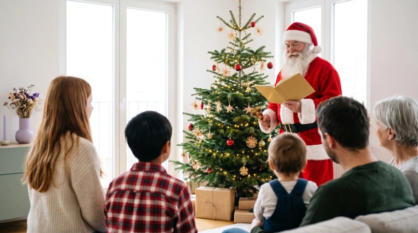 Weihnachtsmann im roten Kostüm steht an Heiligabend am geschmückten Tannenbaum, läutet eine Glocke und liest aus einem goldenen Buch vor, davor sitzen Kinder und Familie und schauen zu