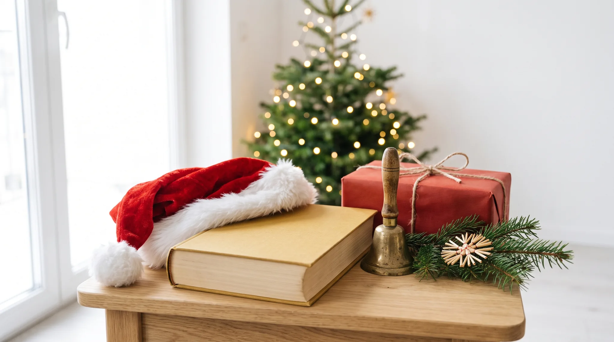 Weihnachtsmann Detail: rote Mütze, goldenes Buch, Messingglocke und ein Geschenk in rotem Papier auf einem Holztisch vor dem Tannenbaum