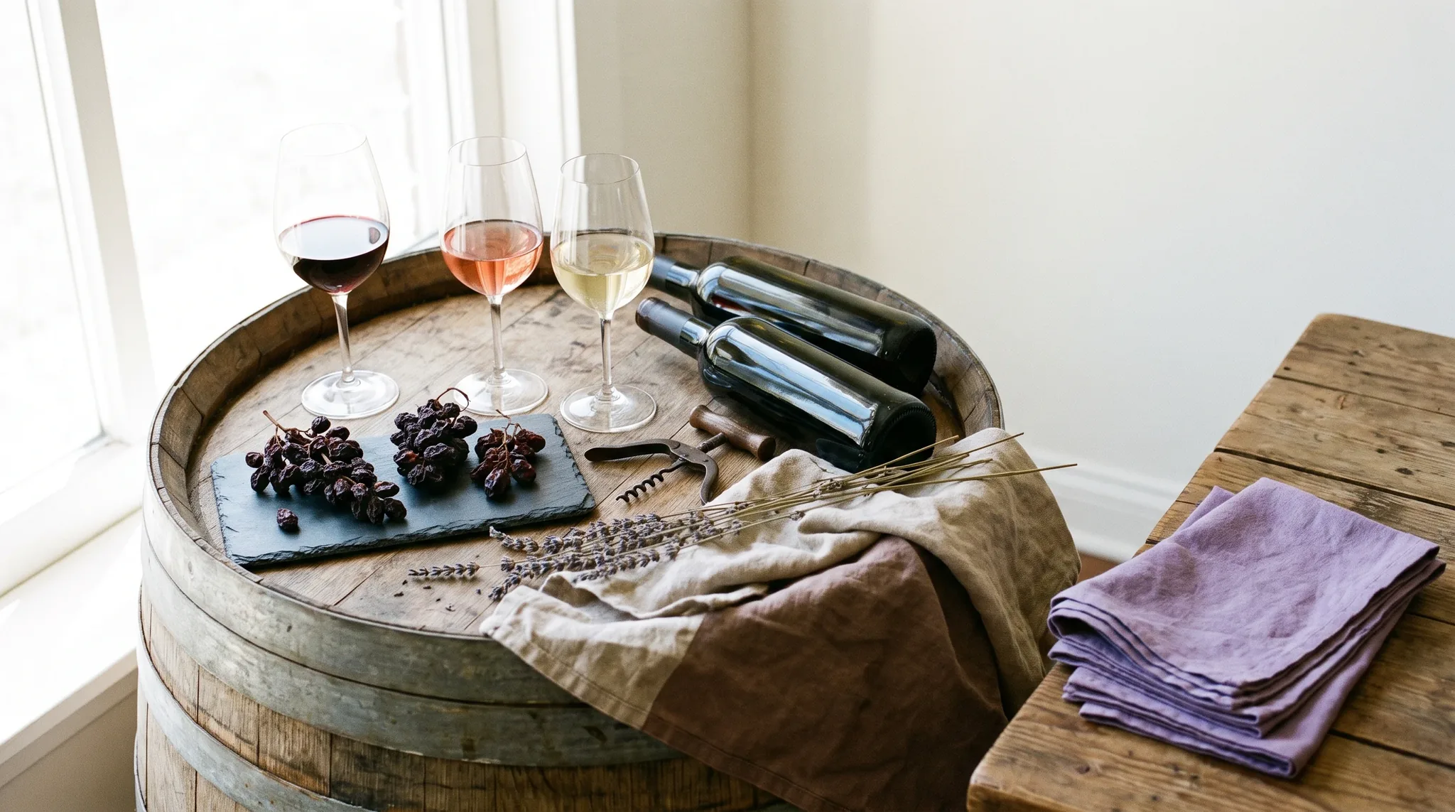 Weingut in Siegburg: Stillleben mit drei Weingläsern in Rot, Rosé und Weiß, einer liegenden Flasche, Walnüssen, Weintrauben.