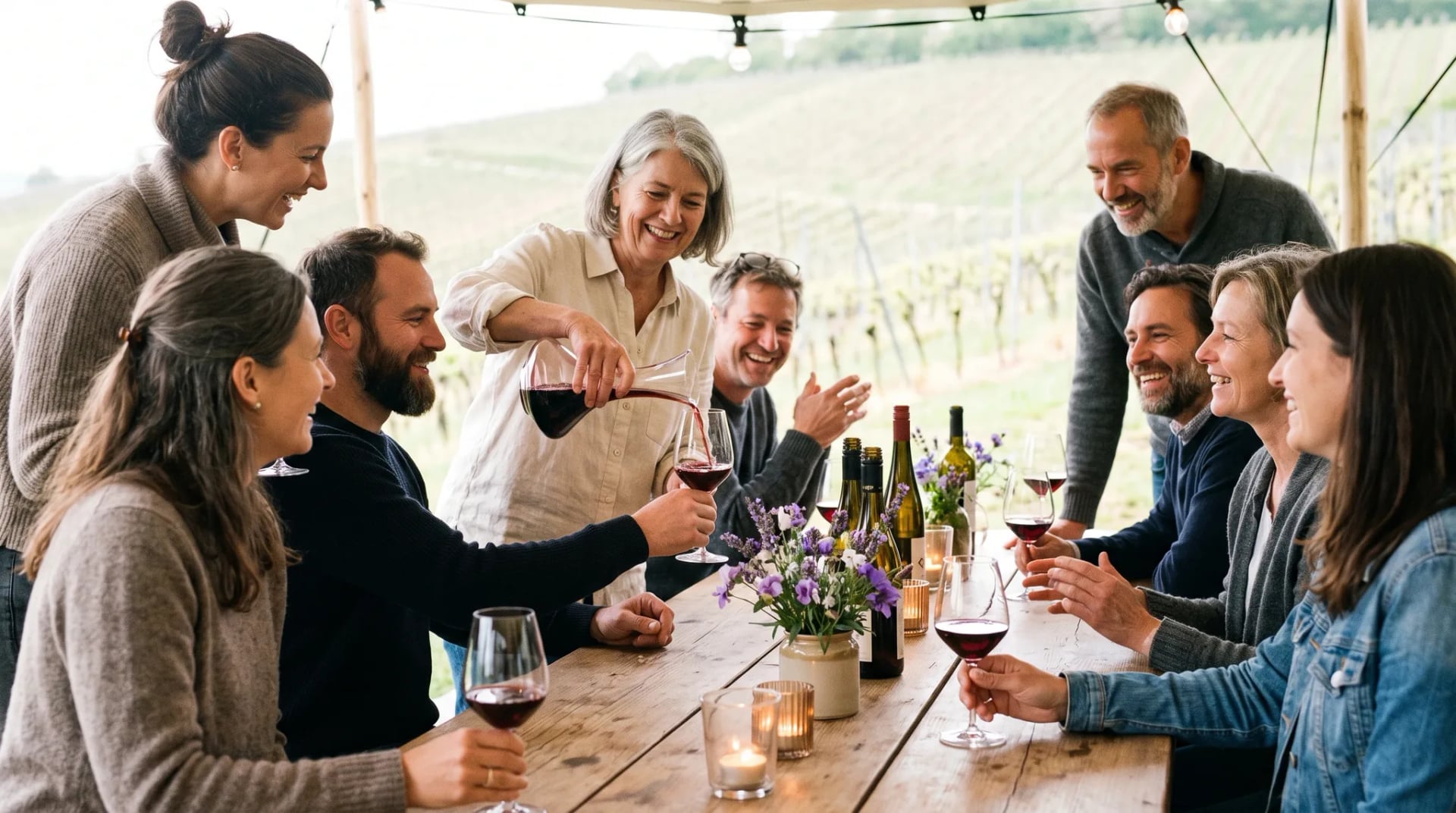 Weingut Siegburg: Gruppe von acht Erwachsenen verschiedener Herkunft lacht und stößt mit Rot- und Weißwein an einem langen Holzfasstisch in einem Gewölbekeller.