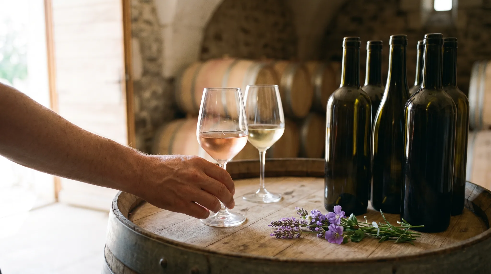 Weingläser und Holzfässer bei einer Weinprobe im Gewölbekeller eines Weinguts