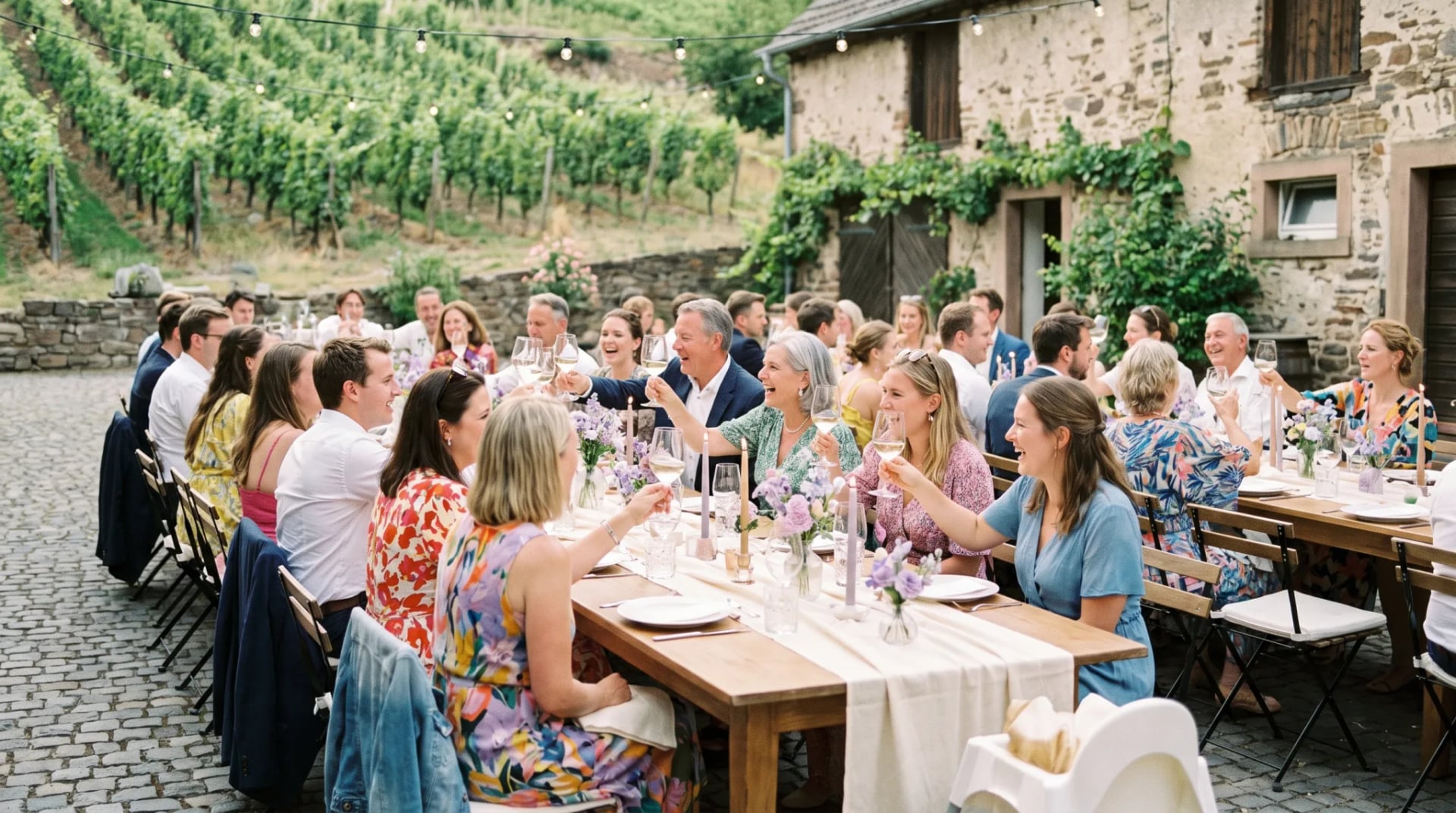 Festlich gedeckte Hochzeitstafel im Innenhof eines Weinguts, dahinter Reben am Hang