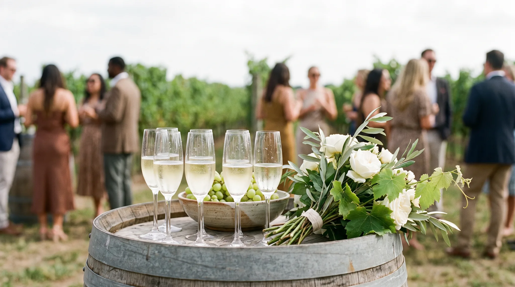 Weingut Hochzeit Detail: Sektgläser und grüne Trauben auf einem Weinfass, daneben ein Strauß aus weißen Rosen und Weinlaub, Gäste zwischen den Rebzeilen