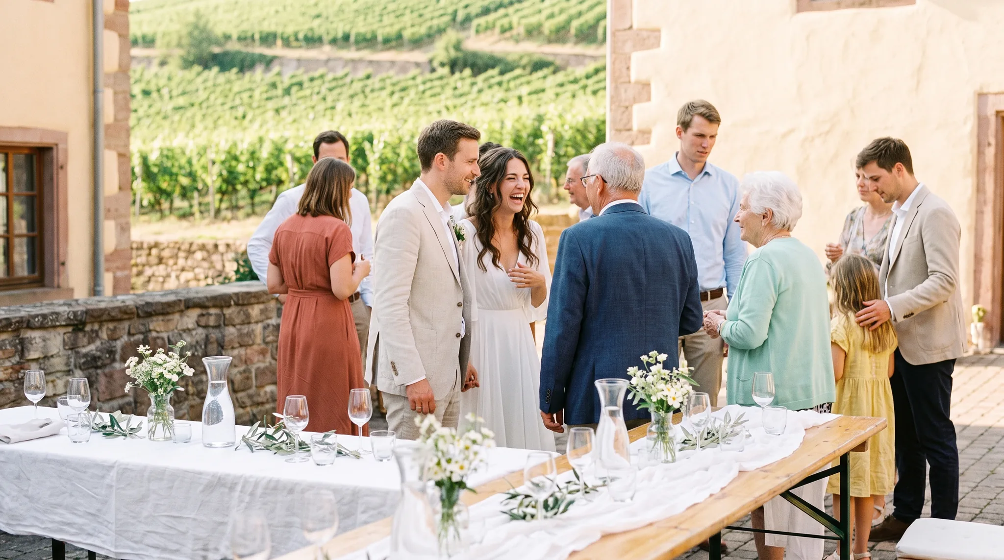 Weingut Hochzeit im sonnigen Innenhof: Brautpaar im Gespräch mit Gästen an einer langen Tafel mit weißen Blumen, dahinter grüne Weinberge