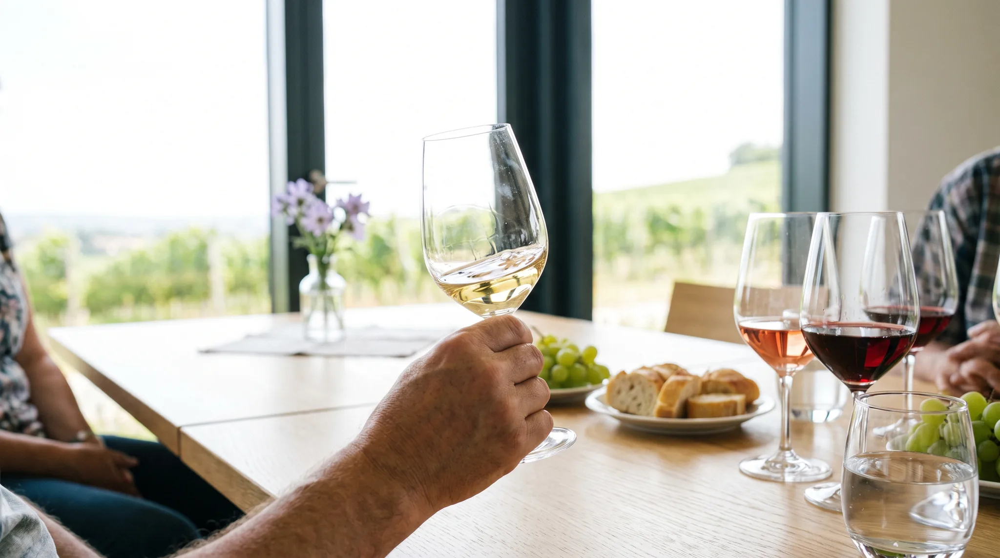 Weinprobe am Fenster: Eine Hand schwenkt Weißwein im Probierglas, daneben Roséwein, Rotwein, ein Glas Wasser, Brot und Trauben