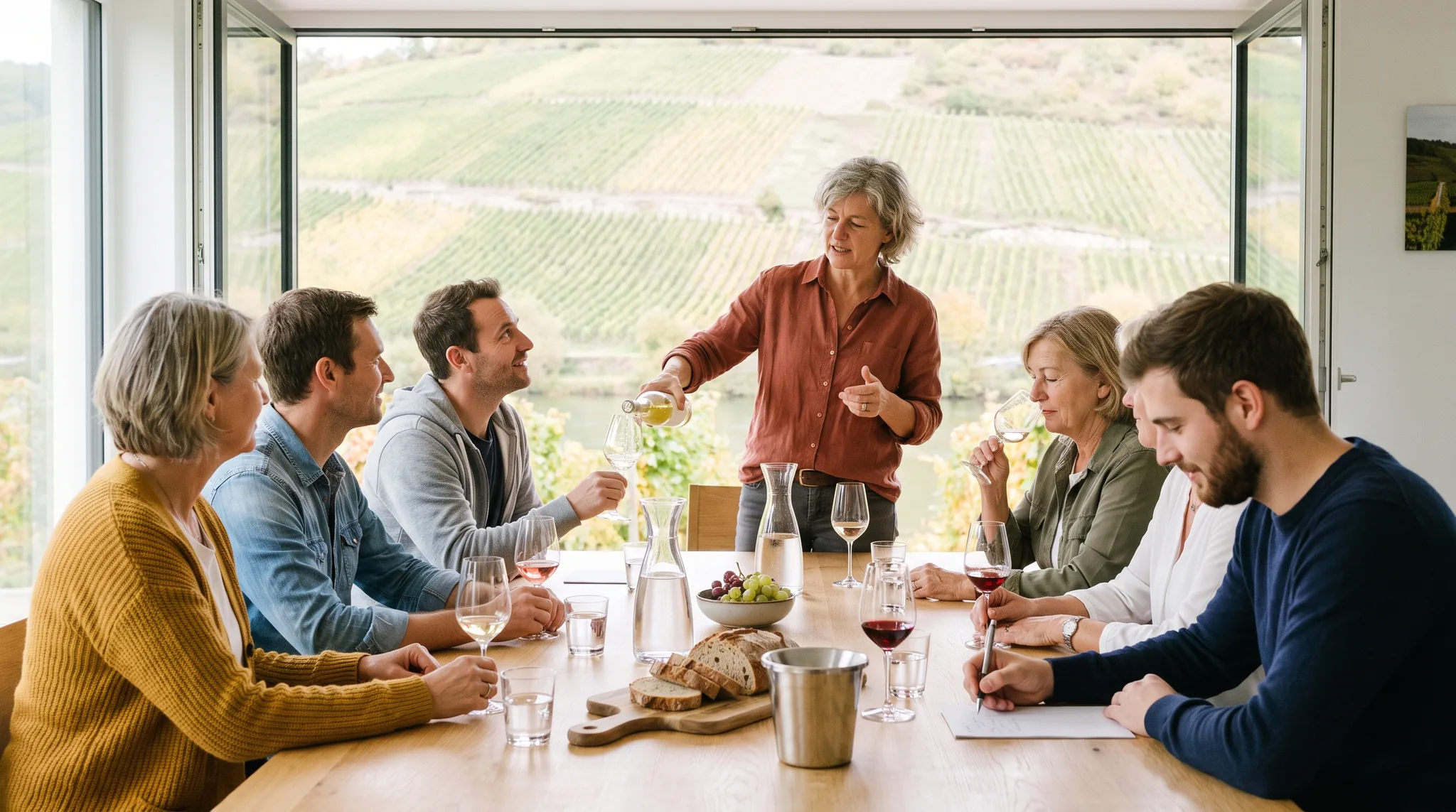 Weinprobe in einem hellen Weingut mit Blick auf Weinberge: Eine Winzerin schenkt Weißwein ein, sieben Gäste probieren, riechen am Glas und machen Notizen, auf dem Tisch Wasserkaraffen, Brot und Trauben