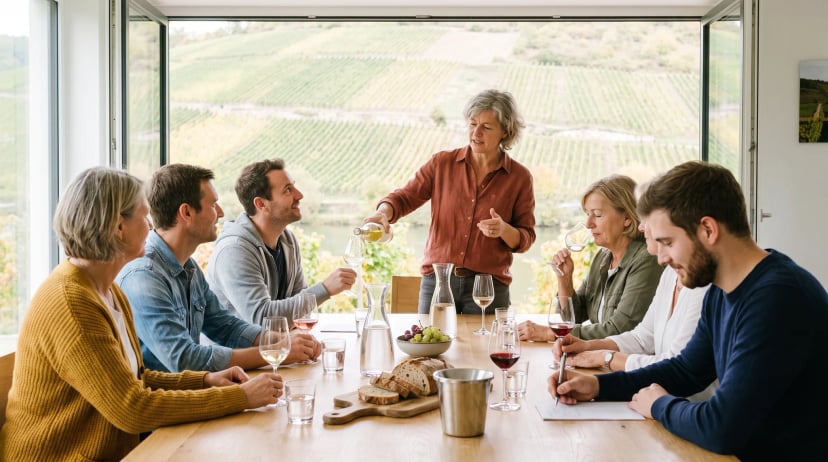 Weinprobe in einem hellen Weingut mit Blick auf Weinberge: Eine Winzerin schenkt Weißwein ein, sieben Gäste probieren, riechen am Glas und machen Notizen, auf dem Tisch Wasserkaraffen, Brot und Trauben