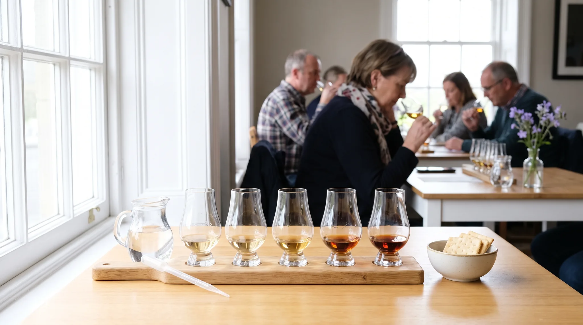 Whisky-Tasting Detail: fünf Nosing-Gläser auf einem Holzbrett, von hellem Stroh bis Mahagoni, daneben Wasserkrug, Pipette und eine Schale Cracker