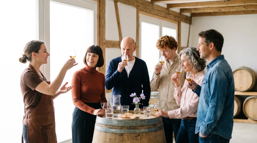 Whisky-Tasting in einem hellen Speicher mit Holzbalken: Eine Gastgeberin mit Lederschürze hält ein Nosing-Glas ins Licht, fünf Gäste riechen an kleinen Proben, auf dem Fasstisch stehen Wasserkrug, Wassergläser und Brot