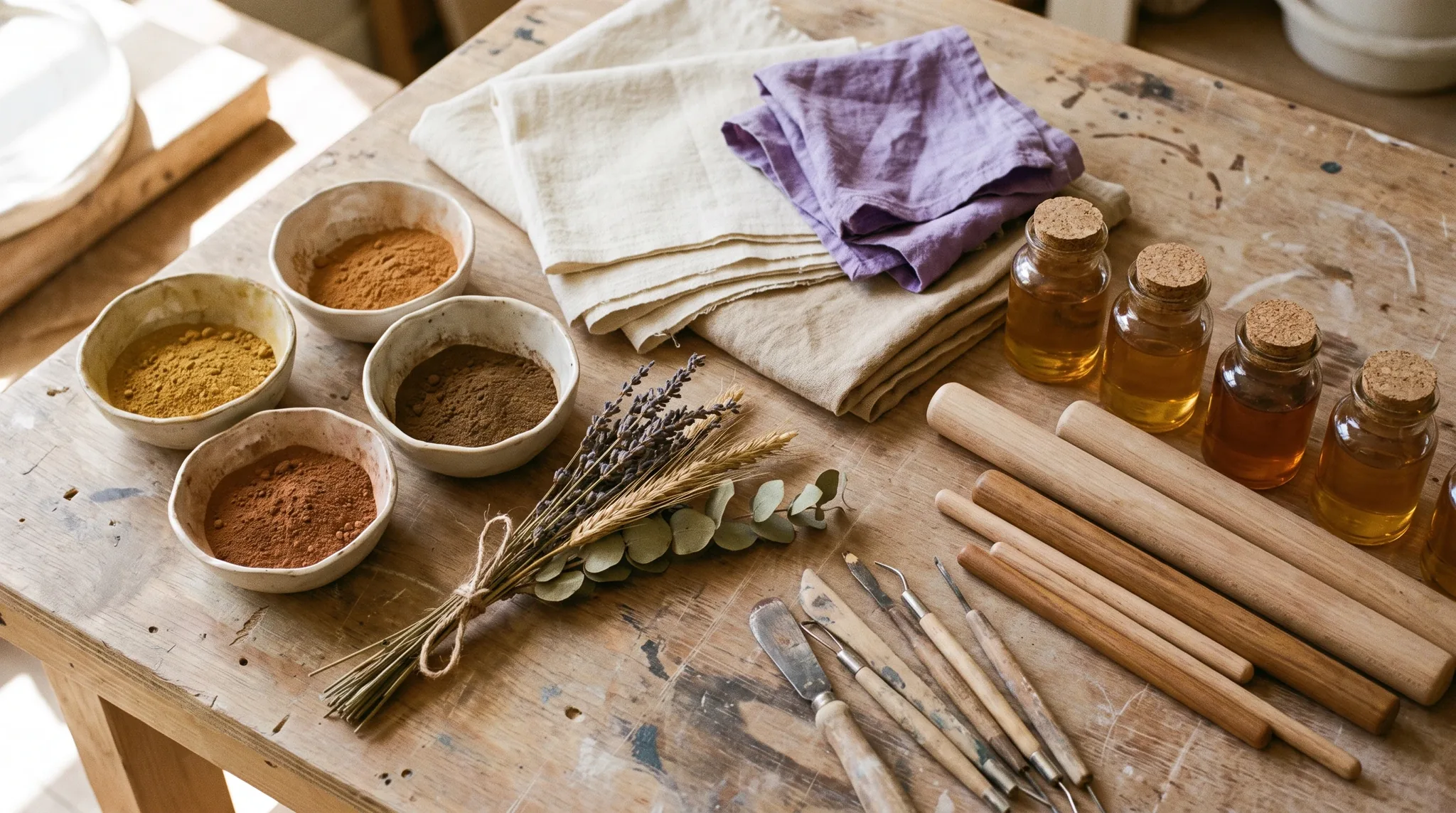 Workshop in Bonn: Keramikwerkzeuge, unglasierte Tonformen, Pigmentschälchen in Erdtönen und getrocknete Botanikzweige auf einem rohen Holztisch in weichem.