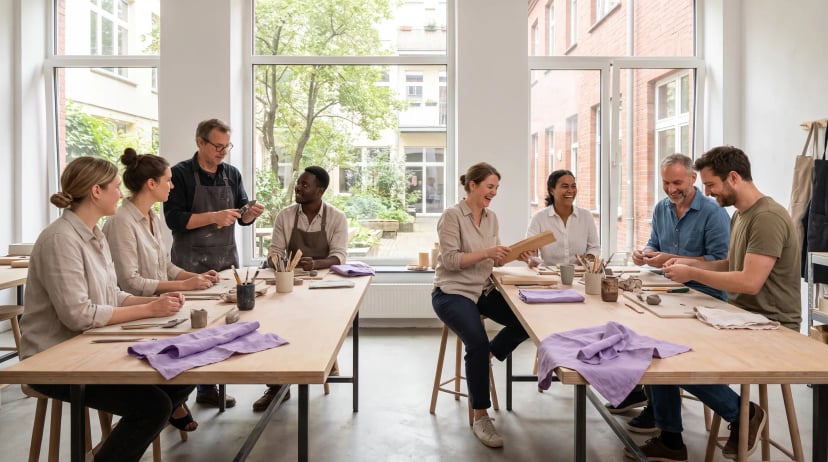 Workshop Bonn: Kursleitung zeigt einer gemischten Gruppe von acht Erwachsenen eine Handwerkstechnik in einem hellen Studio mit natürlichem Lichteinfall.