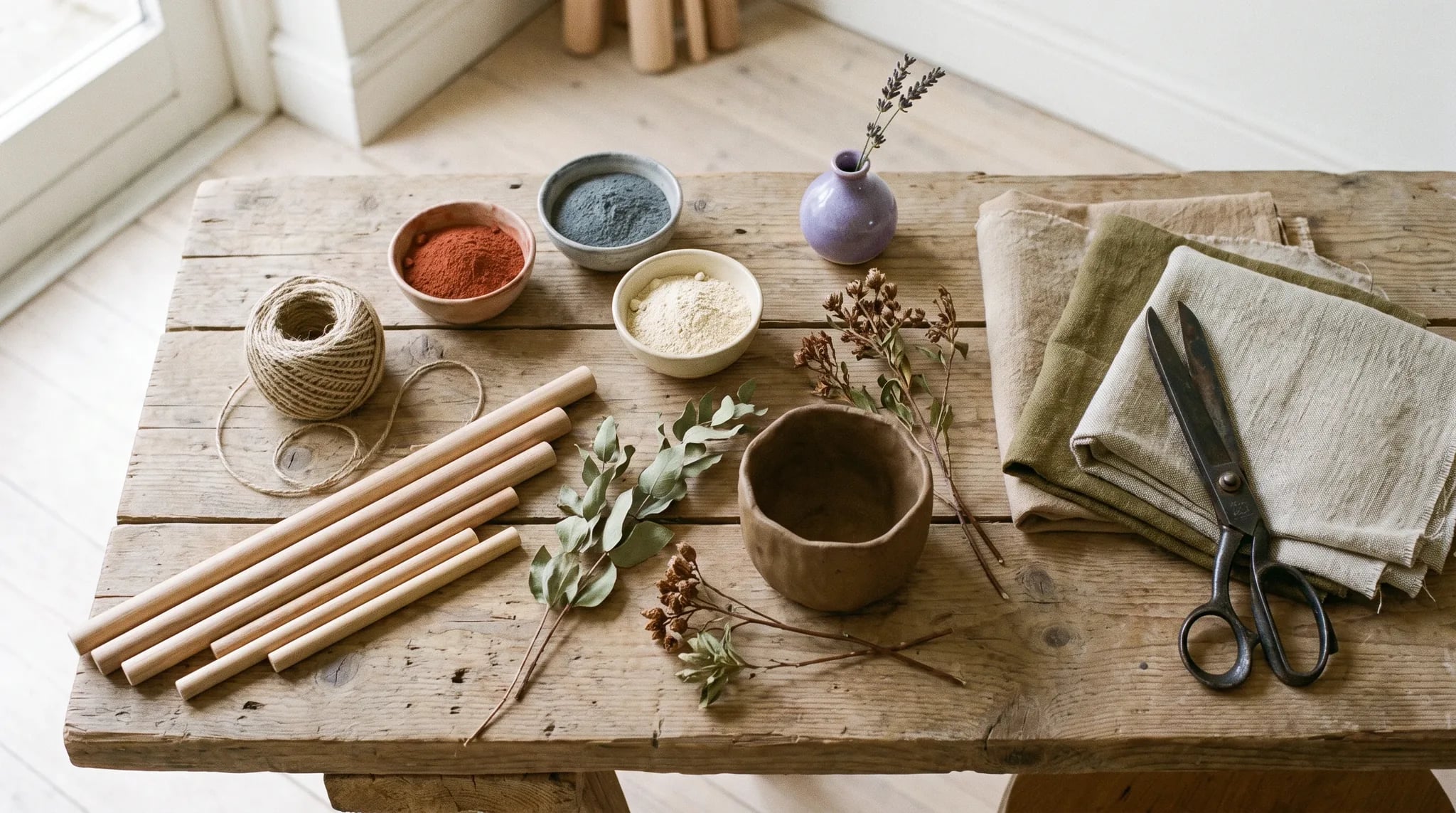 Workshop in Düsseldorf: Flatlay mit Naturzwirn, Keramikwerkzeug, getrockneten Botanikstängeln, Terrakottatöpfen und Leinenstoff auf rohem Holzuntergrund.