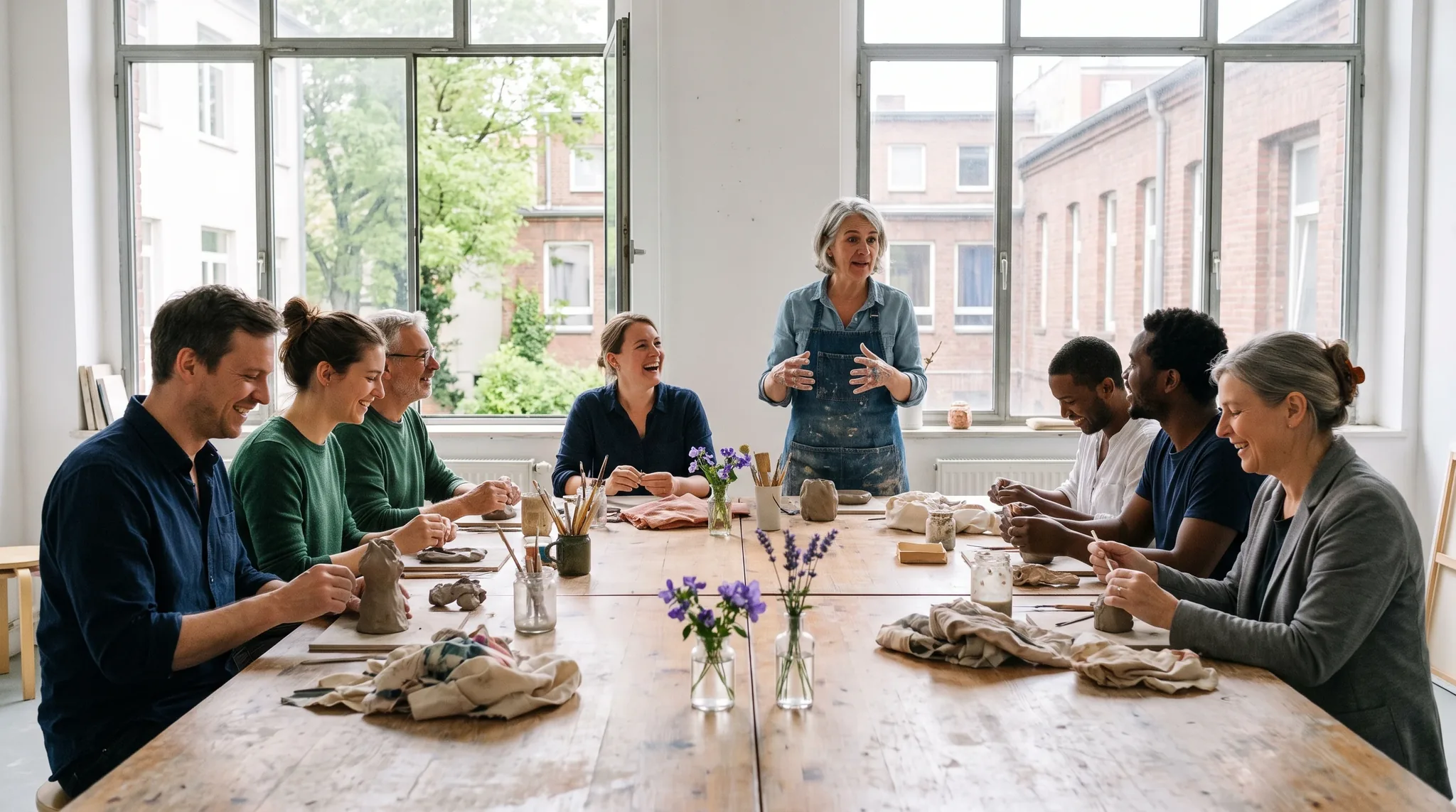 Workshop Düsseldorf: Gruppe von acht Erwachsenen arbeitet lachend an einem langen Werktisch in einem hellen Studio mit Ziegelwänden und warmem Licht.
