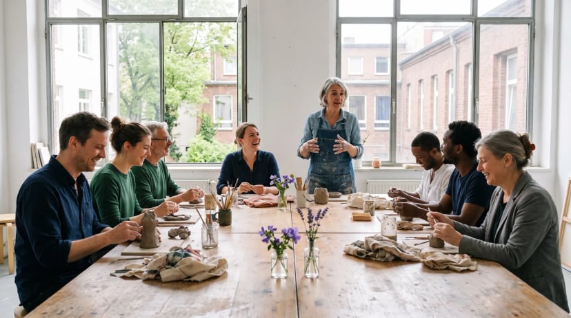 Workshop Düsseldorf: Gruppe von acht Erwachsenen arbeitet lachend an einem langen Werktisch in einem hellen Studio mit Ziegelwänden und warmem Licht.