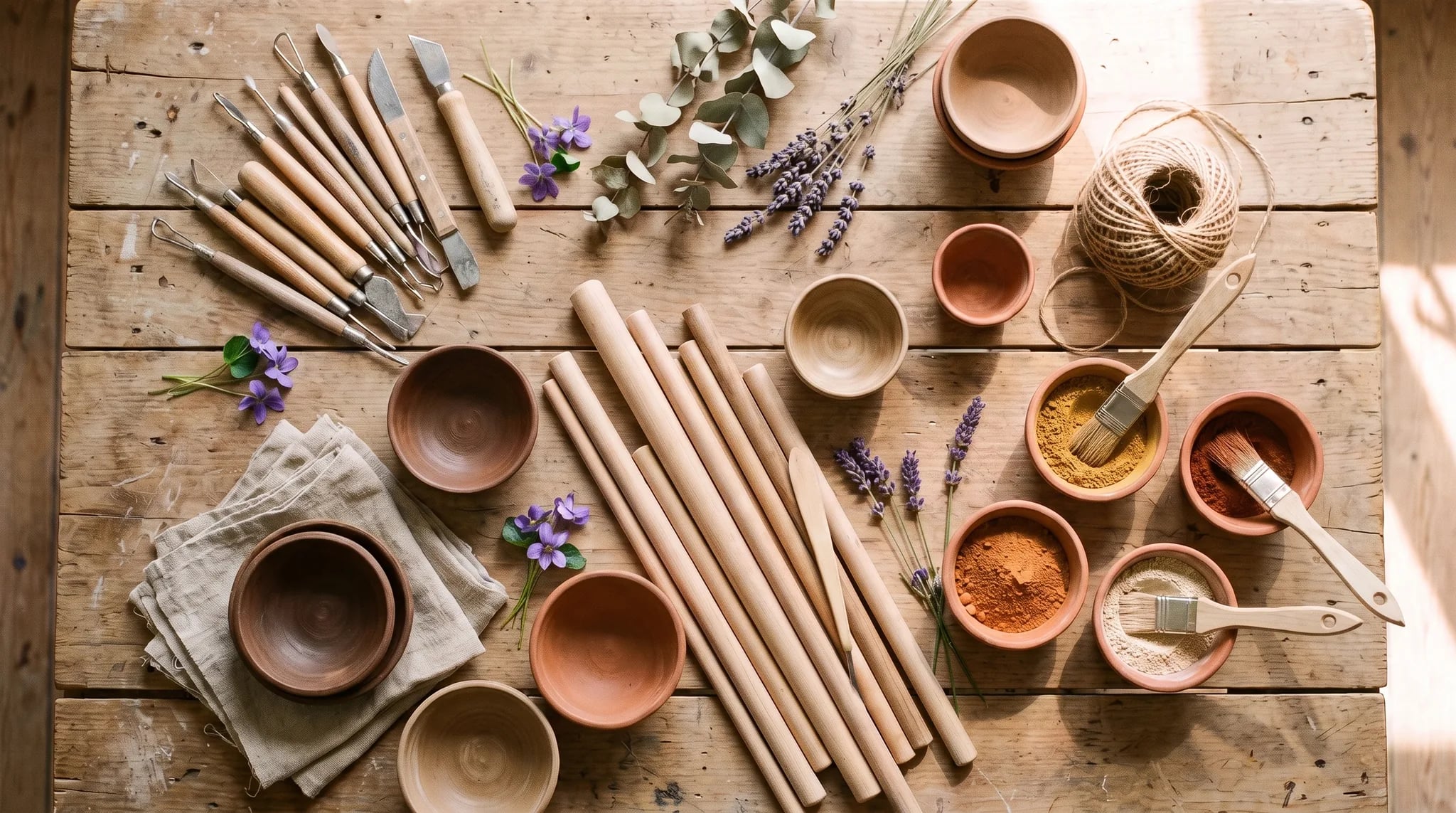 Workshop in Köln: Flatlay mit Keramikschalen, Naturzwirn, getrockneten Blüten, Pigmentpulver in Erdtönen und einem Holzgriff-Meißel auf Leinengrund.