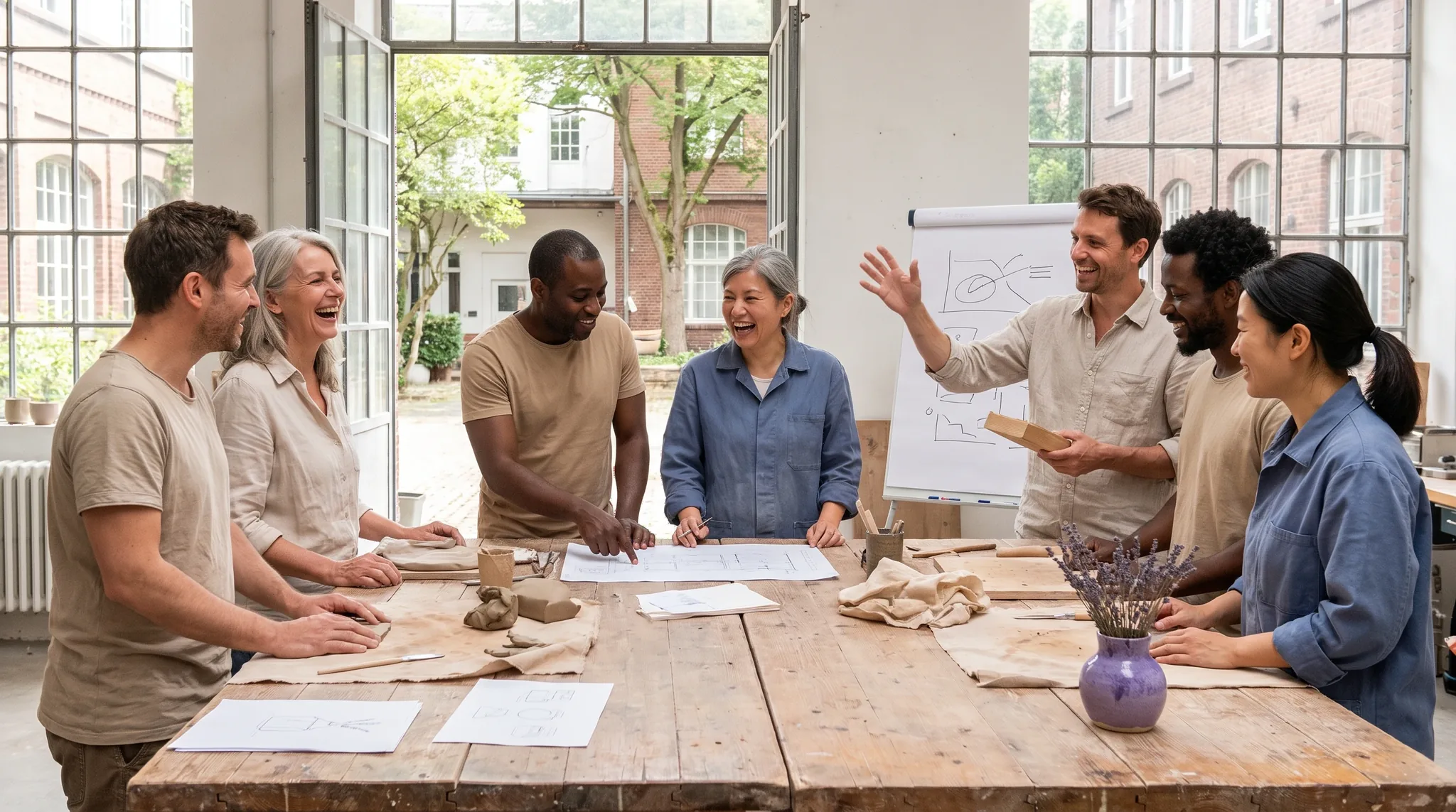Gruppe von Erwachsenen nimmt gemeinsam an einem Workshop in Monheim am Rhein teil und arbeitet konzentriert an einem Kreativprojekt an einem großen Tisch.