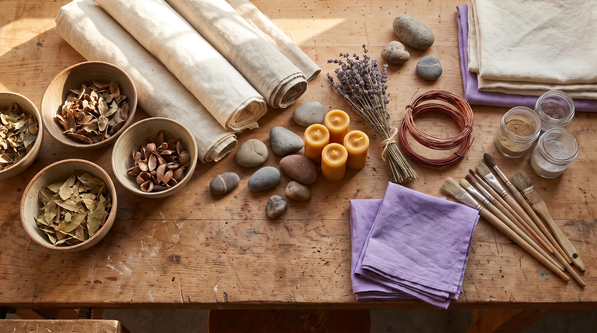 Kreativ Workshop Materialien auf Holz: Keramikschalen, Leinenzwirn, getrocknete Blüten, Pigmentpulver in Erdtönen.