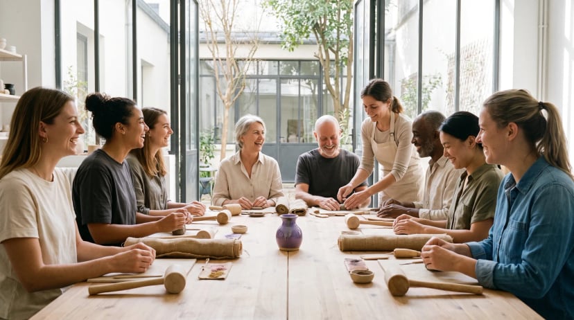 Kreativ Workshop in einem hellen Atelier: Gruppe von acht Erwachsenen sitzt an großen Holztischen mit Bastelmaterialien.
