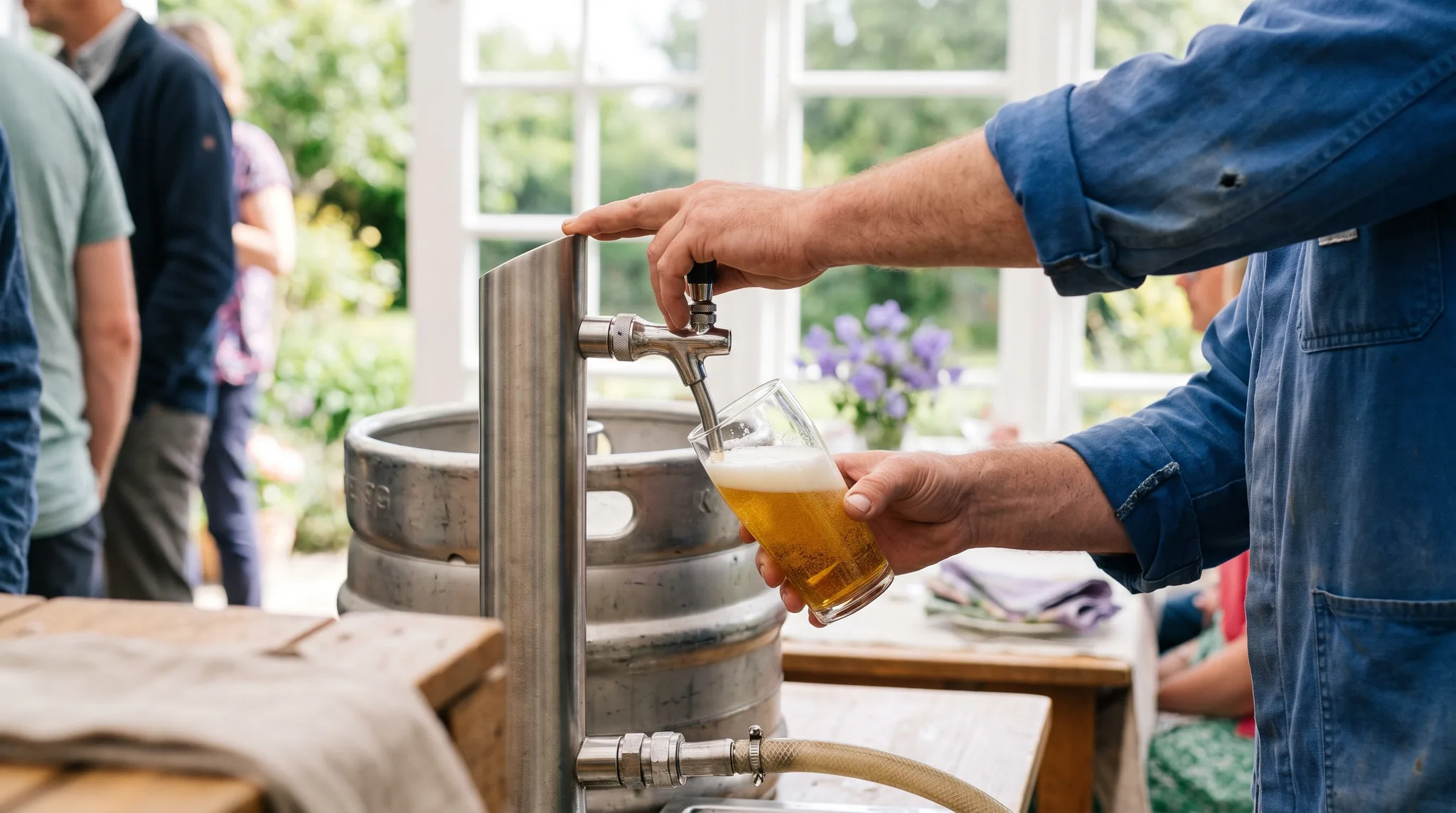 Zapfanlage mieten Detail: Hand zapft frisches Bier aus einem Zapfhahn in ein Glas, dahinter ein Bierfass mit Schlauchanschluss