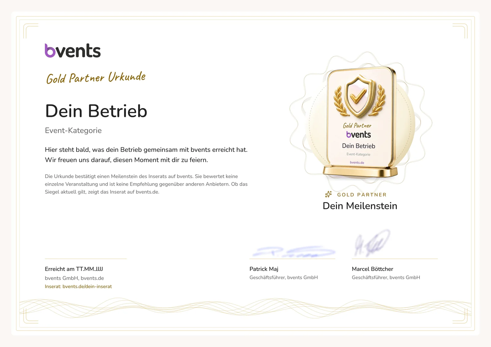 Muster einer Gold Partner Urkunde von bvents mit Platzhaltern